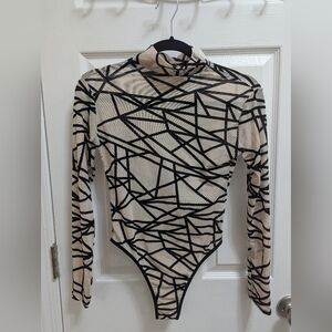 Geometric Black and Beige Long Sleeve Mesh Bodysuit